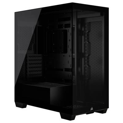 Custodia per computer nera con pannello laterale trasparente. Struttura interna visibile, pronta per l'installazione di componenti hardware. Design minimalista.
