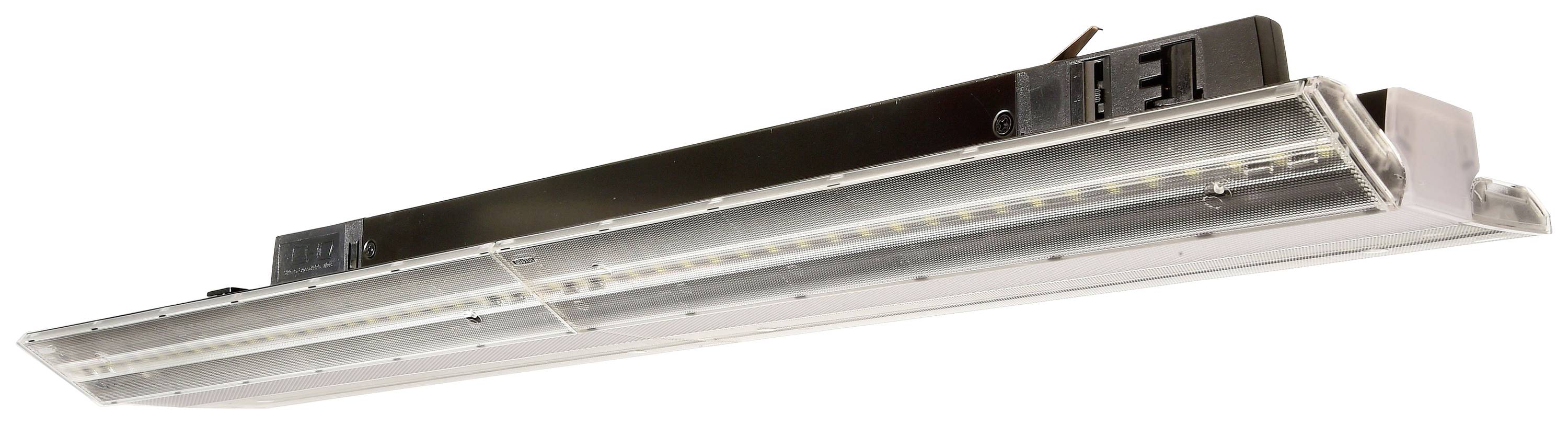 Una plafoniera LED allungata in bianco e nero, adatta per il montaggio a soffitto in ambienti interni. È progettata in modo moderno e a risparmio energetico.