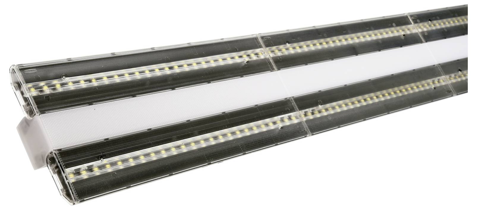Due barre luminose LED lineari con alloggiamenti trasparenti e file di piccoli diodi, mostrate su sfondo bianco.
