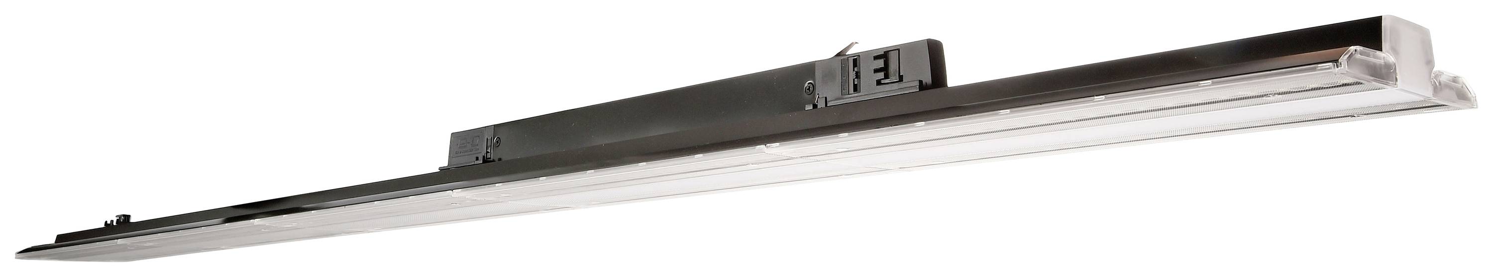 Una comune barra luminosa a LED in un involucro metallico con trasformatore grigio e connessione elettrica centrale.