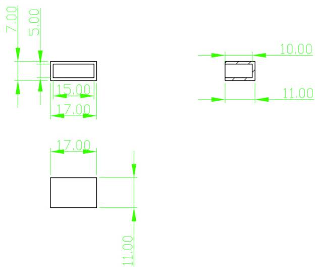 Disegno tecnico quotato di un piccolo pezzo rettangolare, mostrato in tre viste con le misure indicate come 7.00, 5.00, 15.00, 17.00, 10.00 e 11.00.