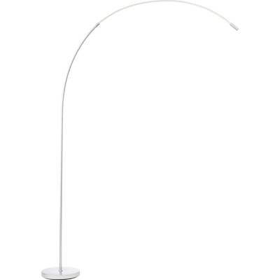 Un lampadaire moderno in metallo curvato, dal design sottile e base rotonda, ideale per ambienti contemporanei.