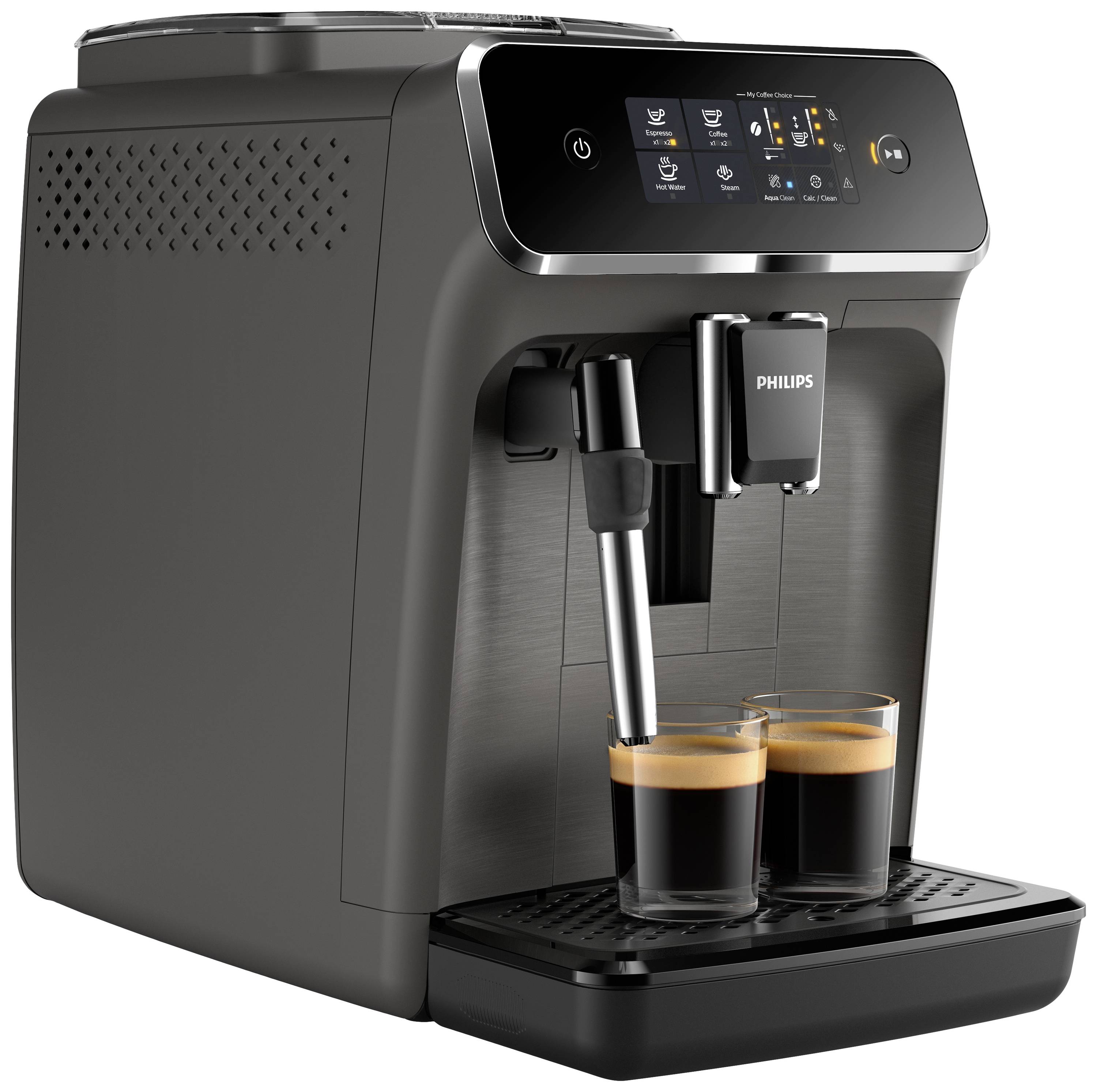 Una macchina da caffè nera con display e pannello di controllo sul lato frontale. Due tazzine da espresso vengono riempite contemporaneamente.