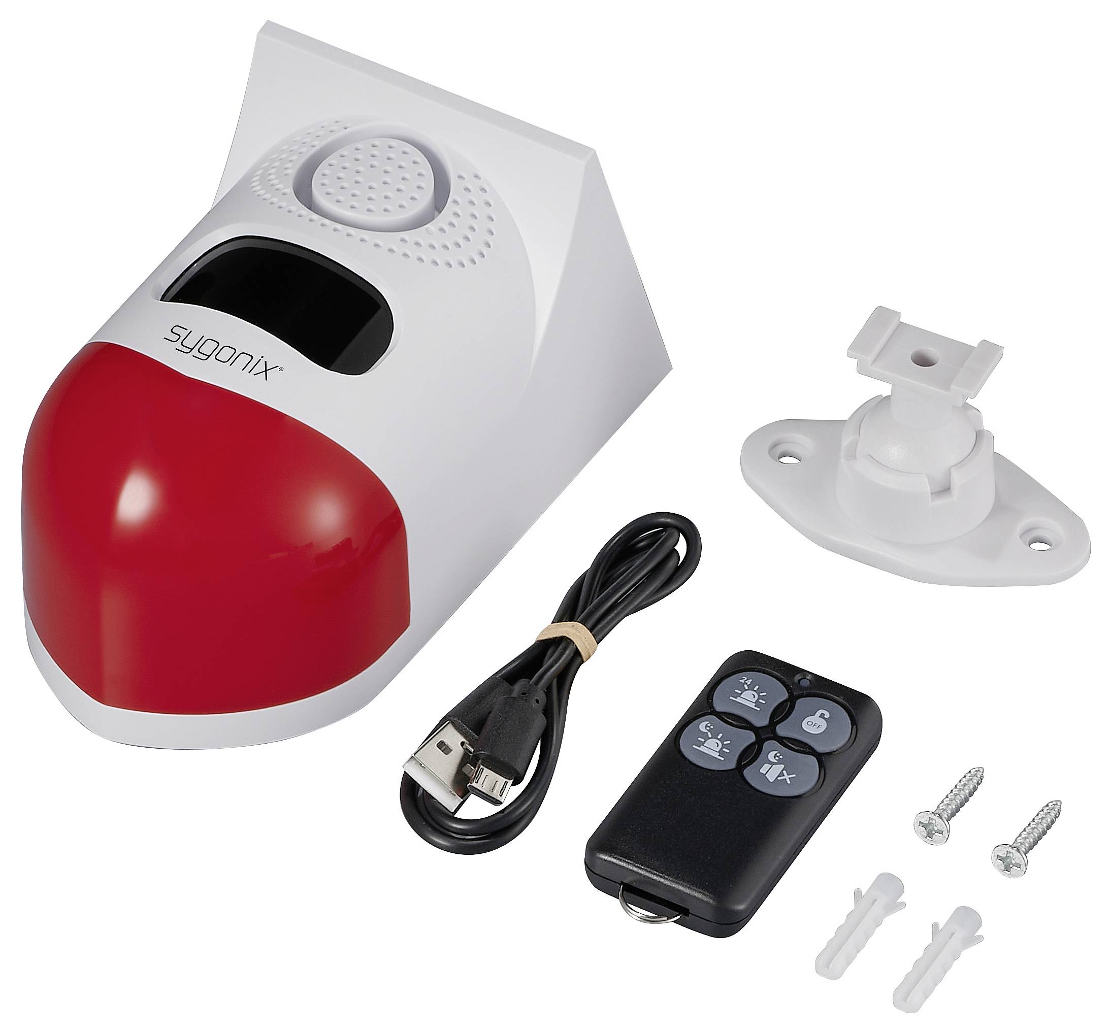 Allarme con coperchio rosso, telecomando, cavo USB, supporto e viti. Set completo per il montaggio e il controllo.