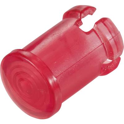 Un pezzo cilindrico rosso in plastica con tacche; potrebbe essere parte di un meccanismo di chiusura o di un dispositivo.