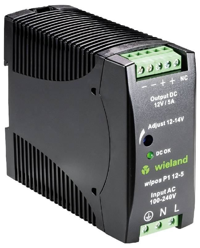Un dispositivo di alimentazione elettrico nero che eroga 12V e 5A di corrente continua. Connettori in alto, marca Wieland.