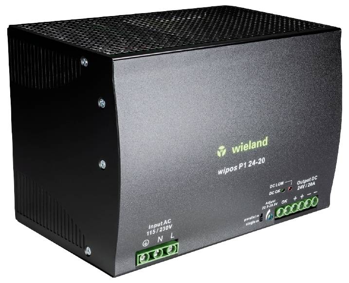 Un alimentatore nero 'wipos P1 24-20' di Wieland con connessioni per ingresso AC 115/230V e uscita DC 24V/20A.