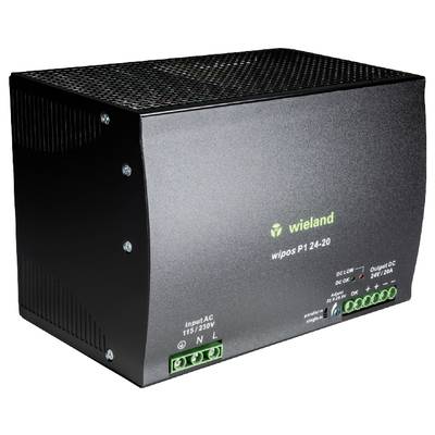 Un alimentatore nero 'wipos P1 24-20' di Wieland con connessioni per ingresso AC 115/230V e uscita DC 24V/20A.