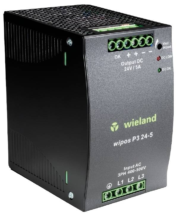 Modulo di alimentazione nero con scritta 'wieland wipos P3 24-5', marcatura di ingresso '3PH 400-500V', uscita DC '24V/5A'.