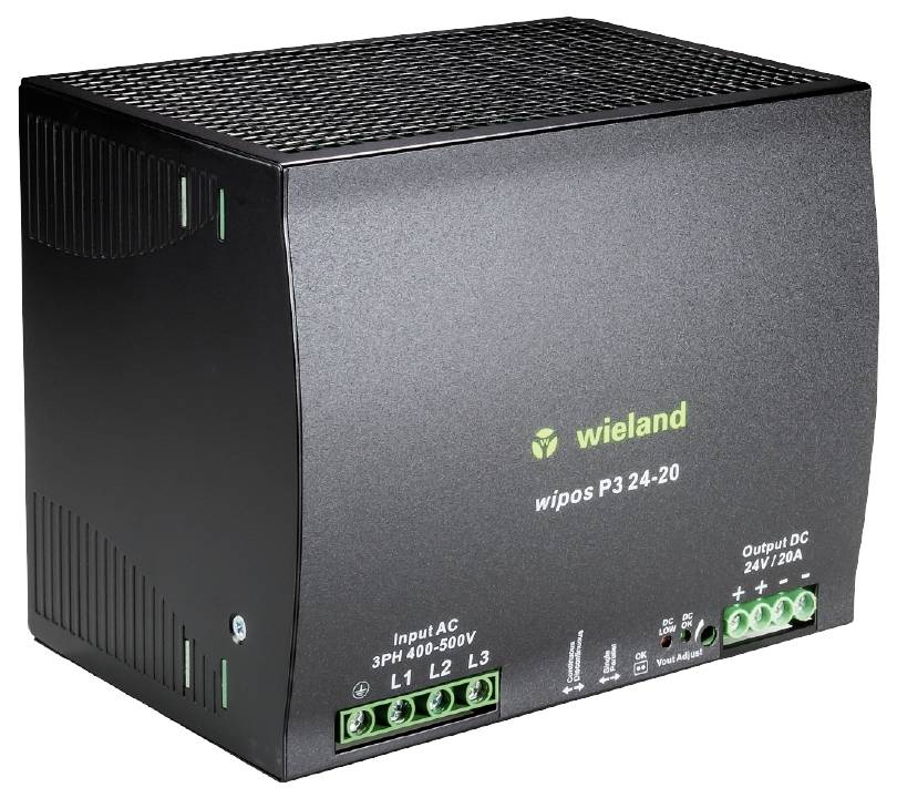 Dispositivo elettronico nero con connettori verdi, contrassegnato con 'wieland wipos P3 24-20'. Ingresso: 3PH 400-500V, Uscita: 24V/20A.