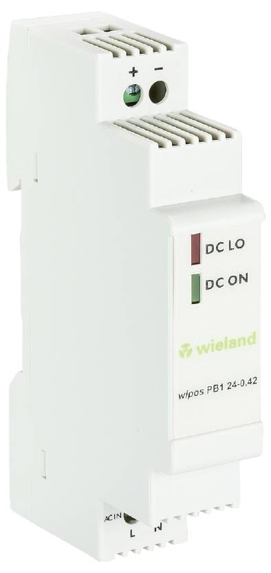Dispositivo elettronico di colore bianco, di forma rettangolare, con indicatori LED 'DC LO' e 'DC ON'. Marchio 'Wieland' e modello 'wipos PB1 24-0.42' visibili.
