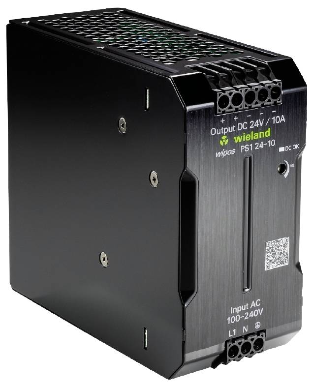 Un alimentatore switching con 'Uscita DC 24V / 10A' e 'Ingresso AC 100–240V', marca 'wieland'. Custodia nera con connessioni superiori.
