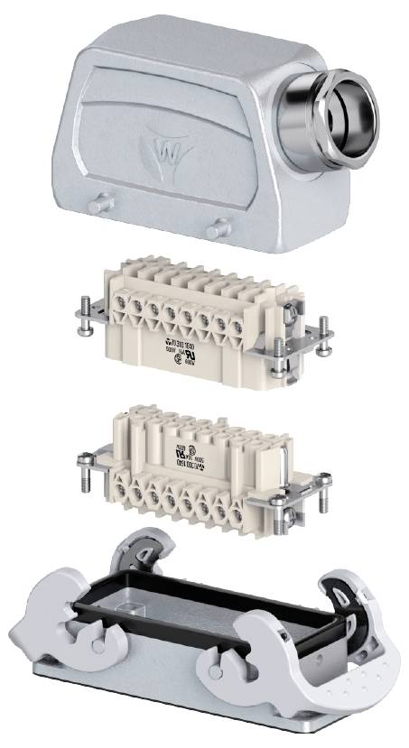 Un connettore industriale multi-componente composto da un alloggiamento, un inserto con morsetti e una base con elemento di bloccaggio.