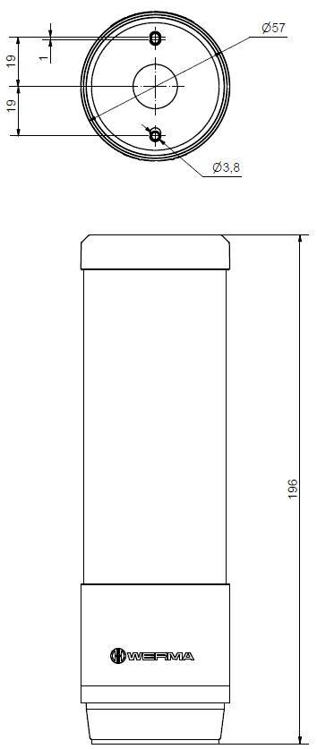 Disegno tecnico di un involucro cilindrico con dimensioni: diametro 57 mm, altezza 186 mm, vista dall'alto e vista laterale.