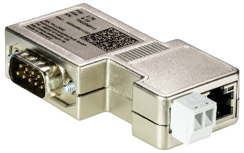 Un adattatore metallico con un connettore RS232 a nove pin su un lato e un connettore di rete RJ45 sull'altro lato.