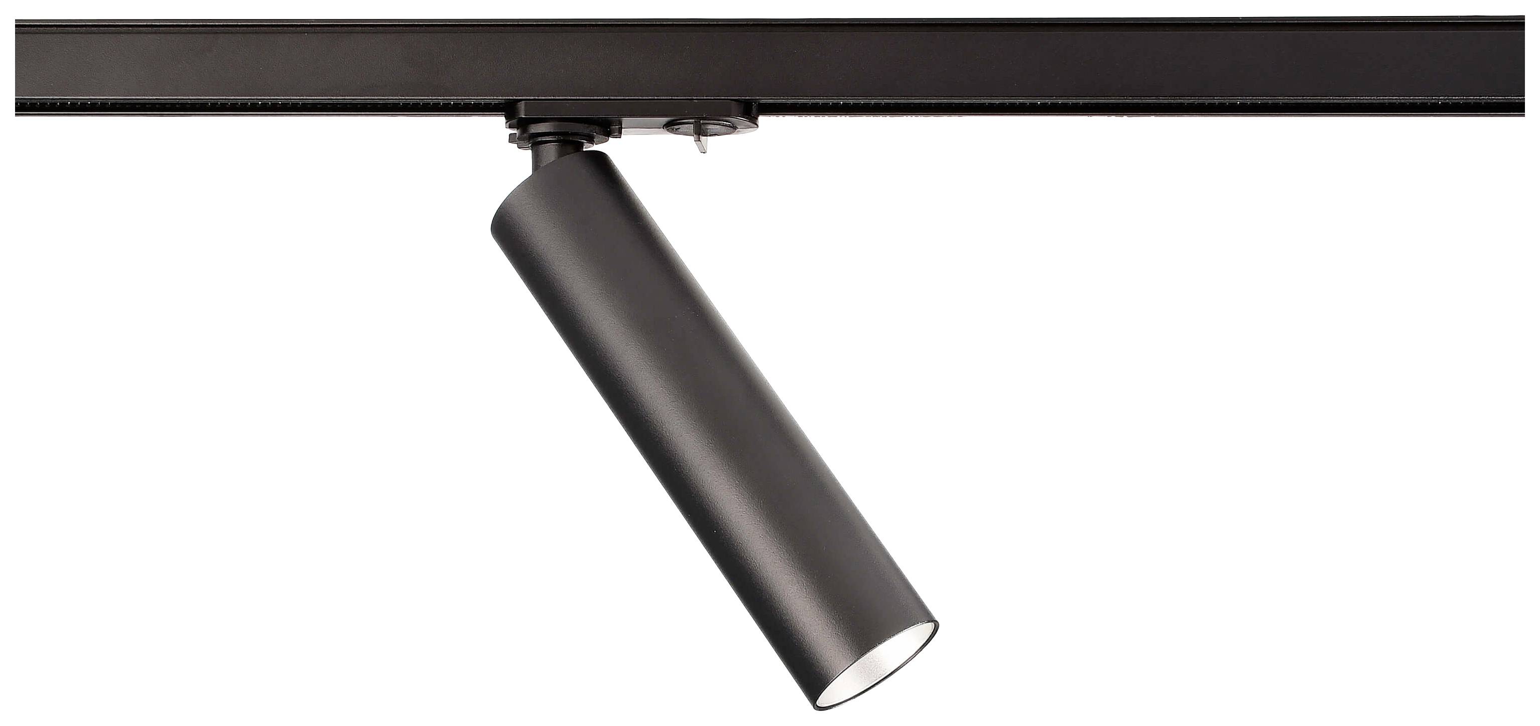 Faretto LED cilindrico nero su binario, orientabile per un'illuminazione mirata.