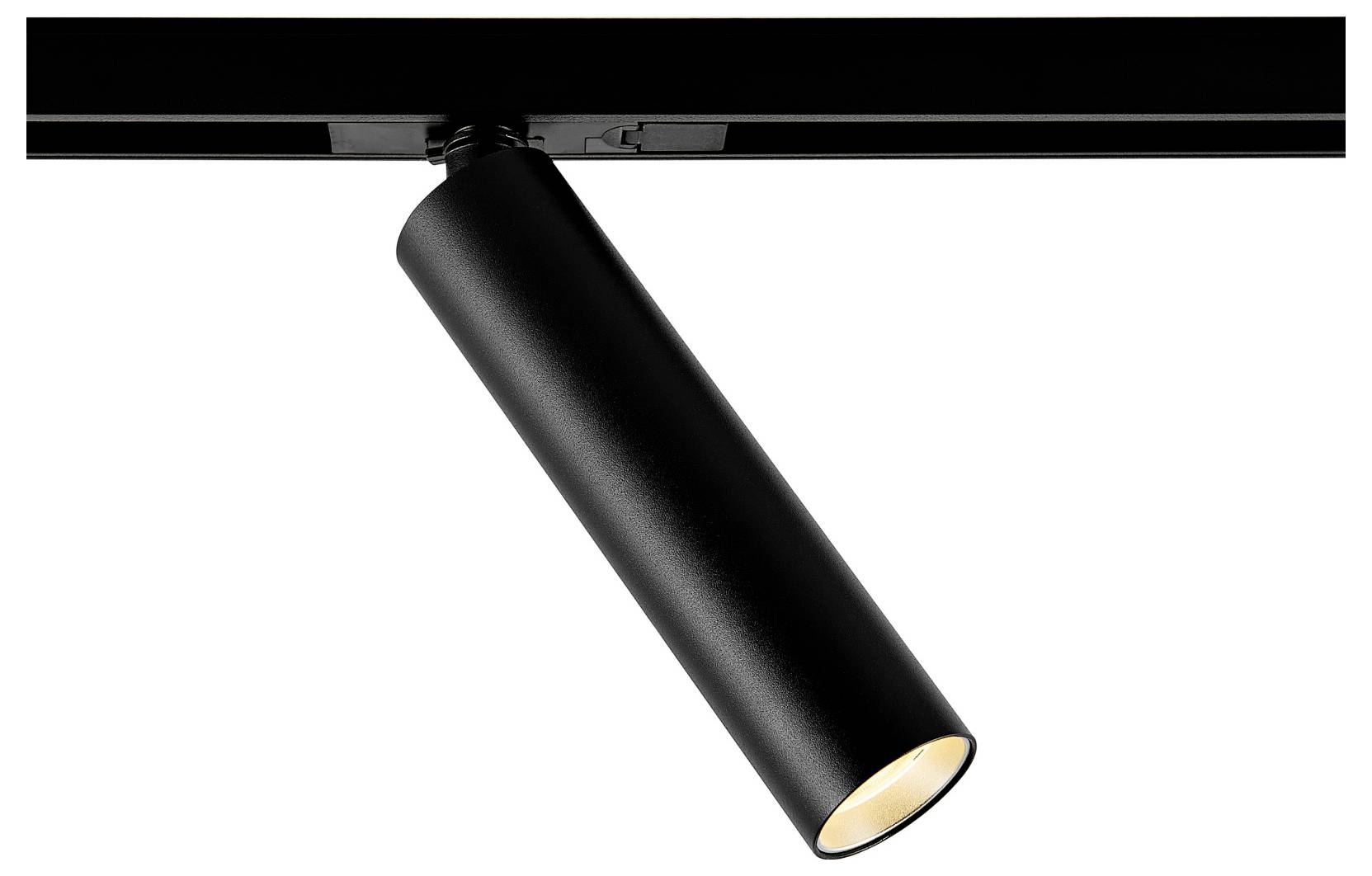 Faretto cilindrico nero su binario a soffitto, orientato verso il basso, con una lampadina calda accesa al suo interno.