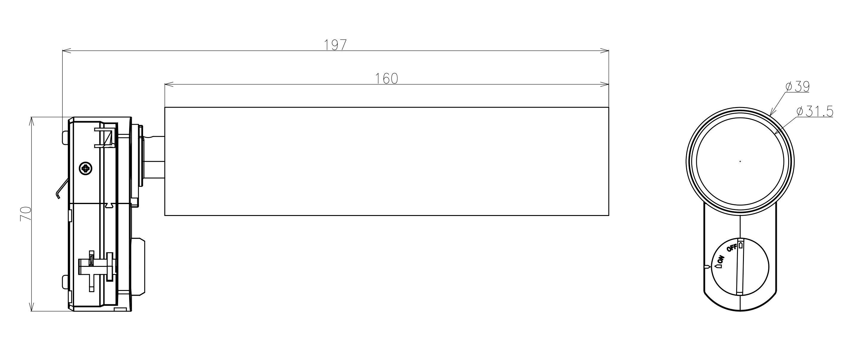 Disegno tecnico di un supporto per manubri con dimensioni: Lunghezza 197 mm, Larghezza 70 mm. Vista frontale e laterale dettagliata mostrata.