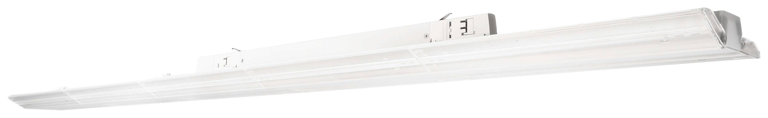 Una lunga barra luminosa a LED fluorescente bianca, idonea per il montaggio a soffitto, adatta per un'illuminazione interna luminosa ed efficiente dal punto di vista energetico.