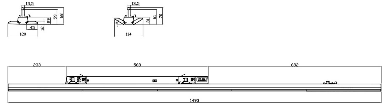 Disegno tecnico quotato di un componente rettangolare allungato, con due sezioni trasversali dettagliate delle estremità e misure indicate sulla lunghezza complessiva e sulle sottosezioni.