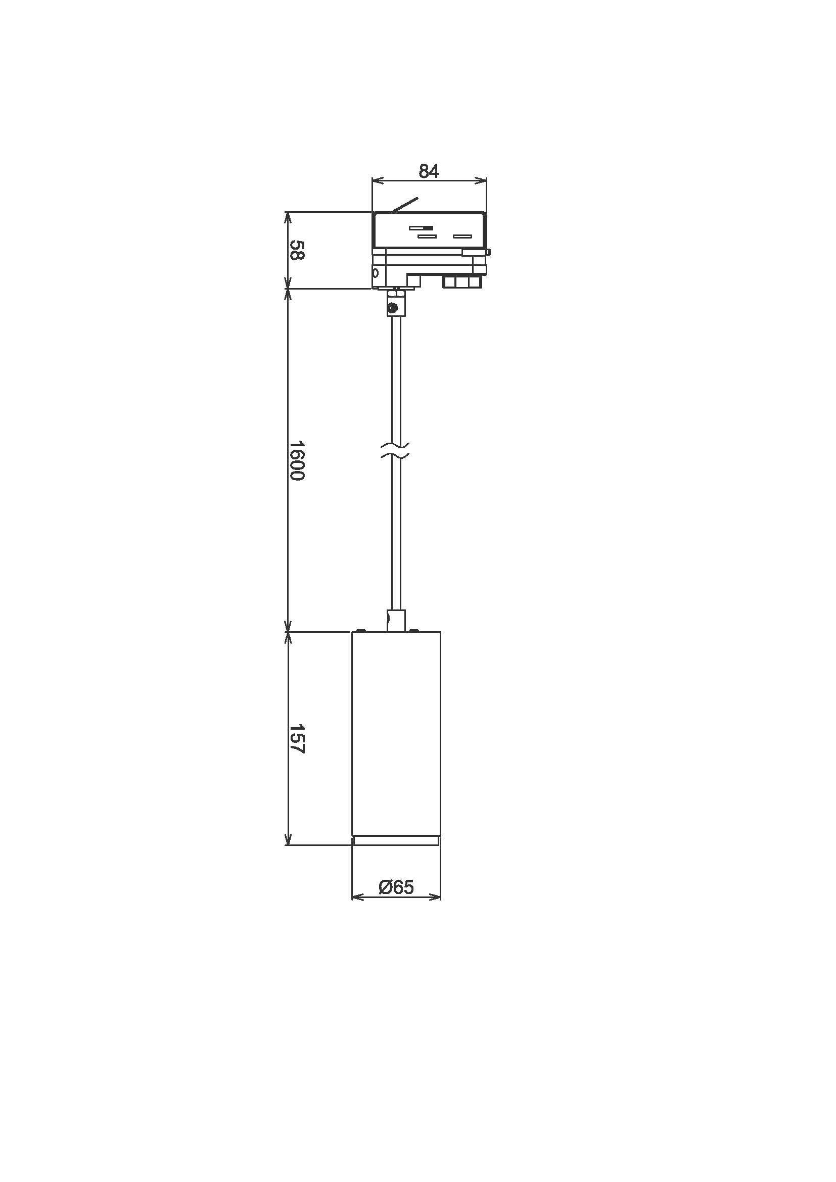 Disegno tecnico di una lampada cilindrica con dimensioni: altezza 1000 mm, diametro 265 mm, attacco superiore largo 84 mm.