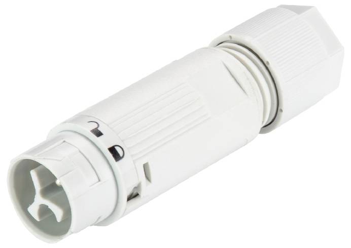 Connettore elettrico bianco, forma cilindrica con zona di impugnatura scanalata e chiusura a baionetta.