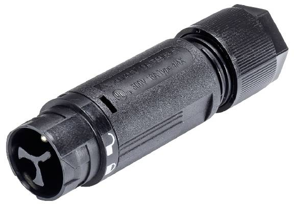 Un connettore nero in plastica con chiusura a baionetta e superficie scanalata, idoneo per connessioni di cavi in apparecchiature elettroniche.