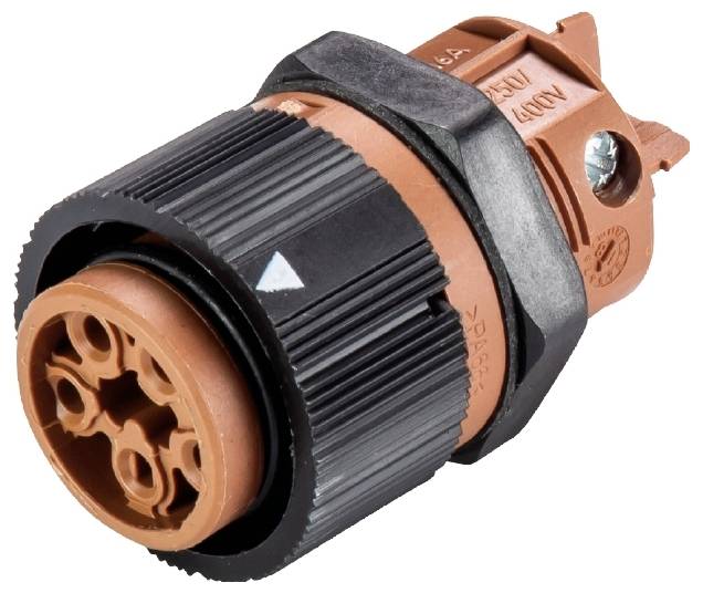 Connettore circolare industriale con involucro in plastica arancione, chiusura a vite nero e connessione multipolare per connessioni elettriche.