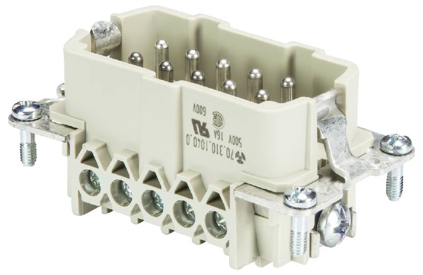 Spina elettrica con più perni metallici e connessioni a vite, alloggiamento beige.