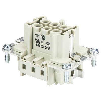 Connettore elettrico con sei terminali e montaggio a vite. Involucro beige con contatti metallici e viti per il fissaggio.