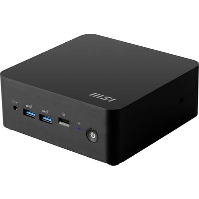 Mini PC nero con due porte USB, porta HDMI e interruttore di accensione sul lato frontale.