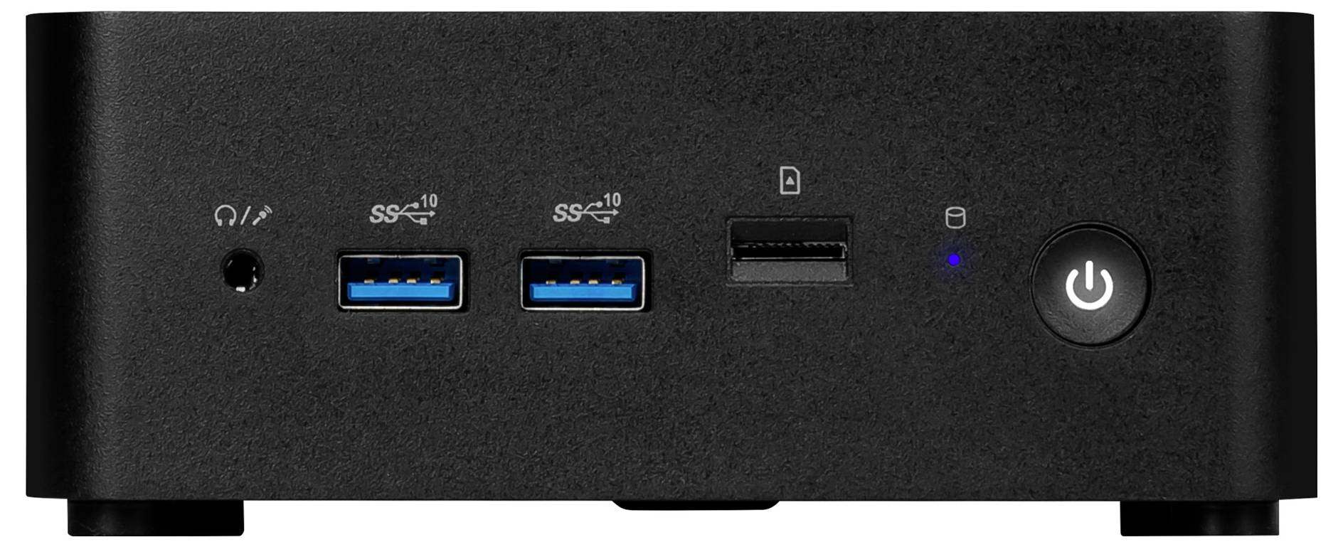 Mini PC nero con due porte USB, slot per scheda SD e interruttore di accensione/spegnimento sul lato frontale.