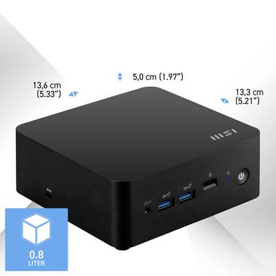 Dispositivo compatto nero di MSI con dimensioni di 5,0 x 13,6 x 13,3 cm e un volume di 0,8 litri. Include porte USB e interruttore di alimentazione.