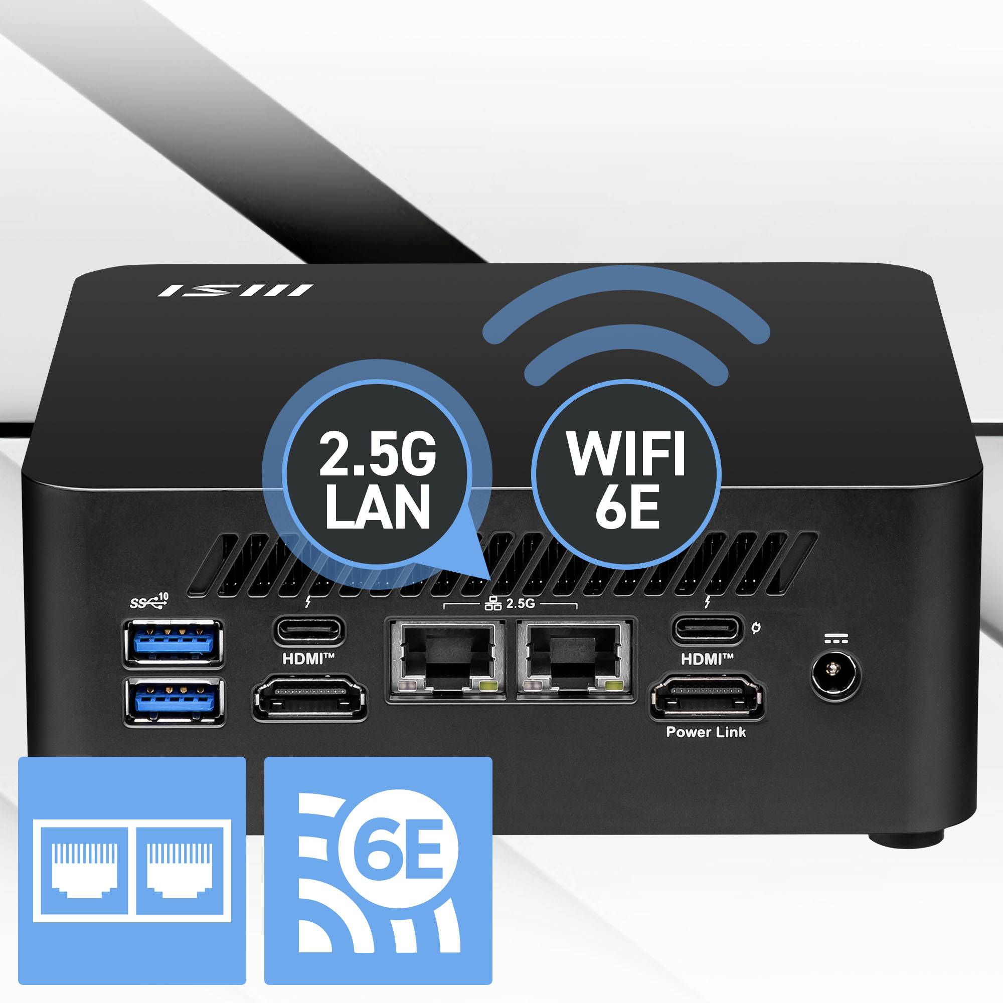 Un dispositivo Mini PC nero con supporto LAN 2,5G e WIFI 6E, che mostra porte USB, HDMI e porte LAN sul retro.