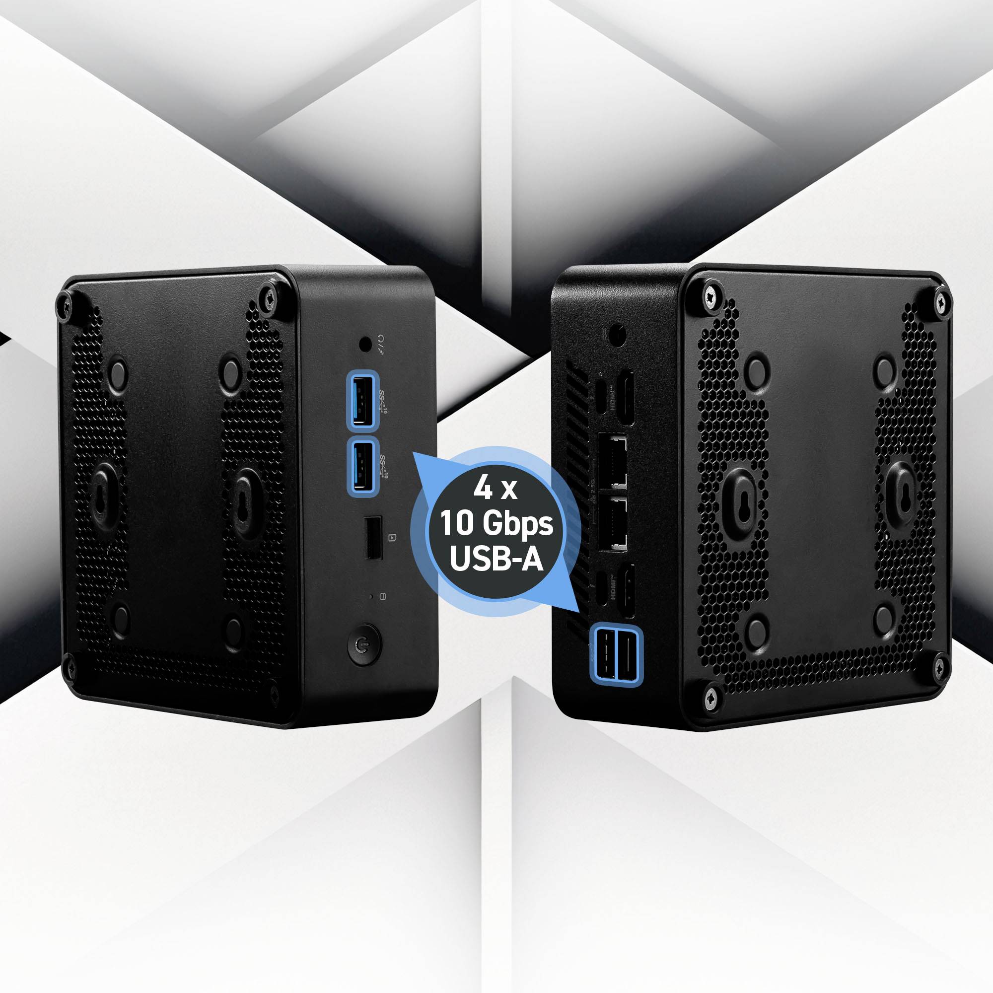 Due dispositivi compatti neri con diverse porte, tra cui 4 porte USB-A con velocità di 10 Gbps.
