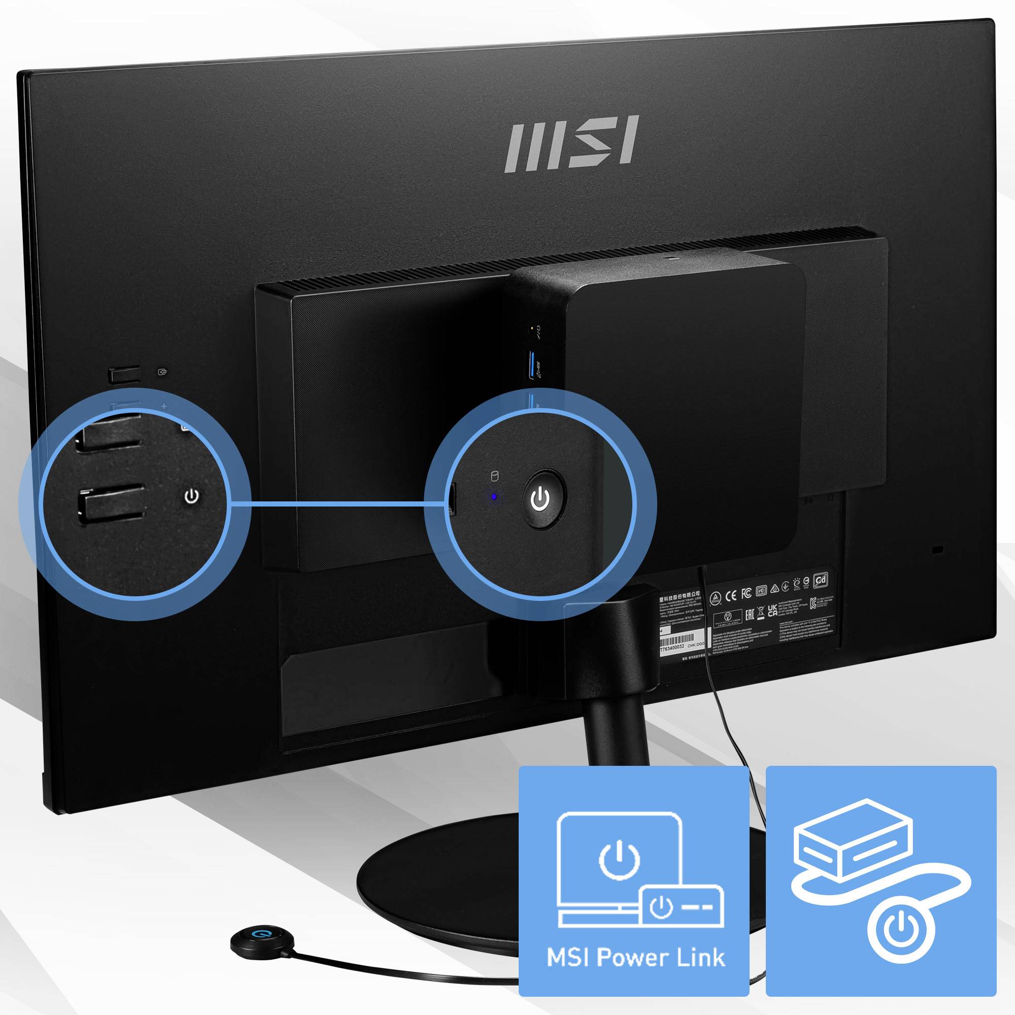 Un monitor MSI visto da dietro con un pulsante di accensione evidenziato. Accanto un simbolo con il testo 'MSI Power Link', che indica un collegamento speciale.