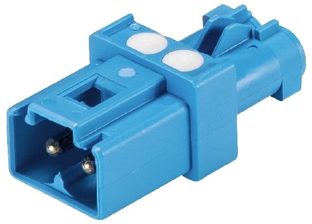 Connettore LC ottico blu con due contatti metallici.