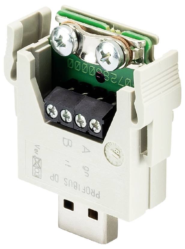 'Primo piano di un dispositivo USB aperto con circuiti esposti, connessioni a vite e componenti elettronici.'