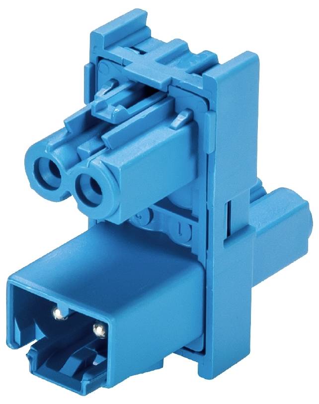 Un connettore elettrico blu con due slot e forma rettangolare.