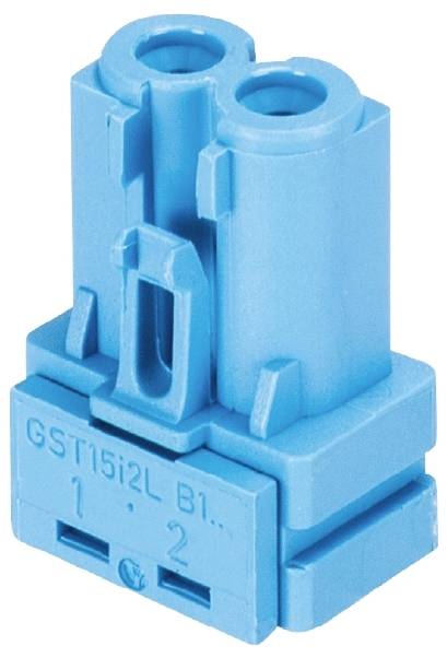 Un connettore di plastica blu con due prese rotonde e la scritta 'GST15i2L' sul lato frontale.