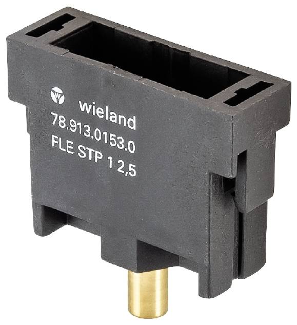 Un connettore elettrico nero Wieland con connessione dorata, numero di modello '78.913.0153.0 FLE STP 12,5'.
