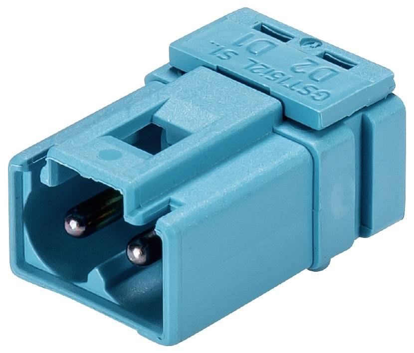 Spina blu in plastica con due spinotti metallici, contrassegnata lateralmente con 'GSt18/2 SL'. Componente di connessione elettrica.