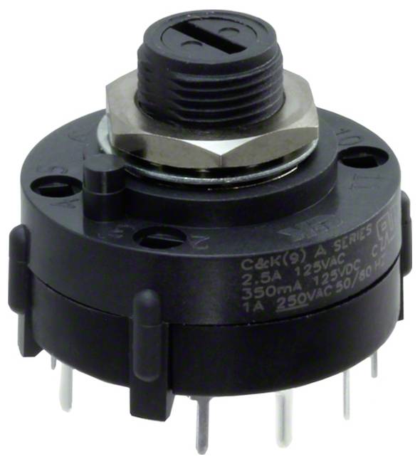 Un interruttore rotativo nero con più contatti metallici, etichettato con le specifiche elettriche: 2,5A 125VAC, 1A 250VAC.