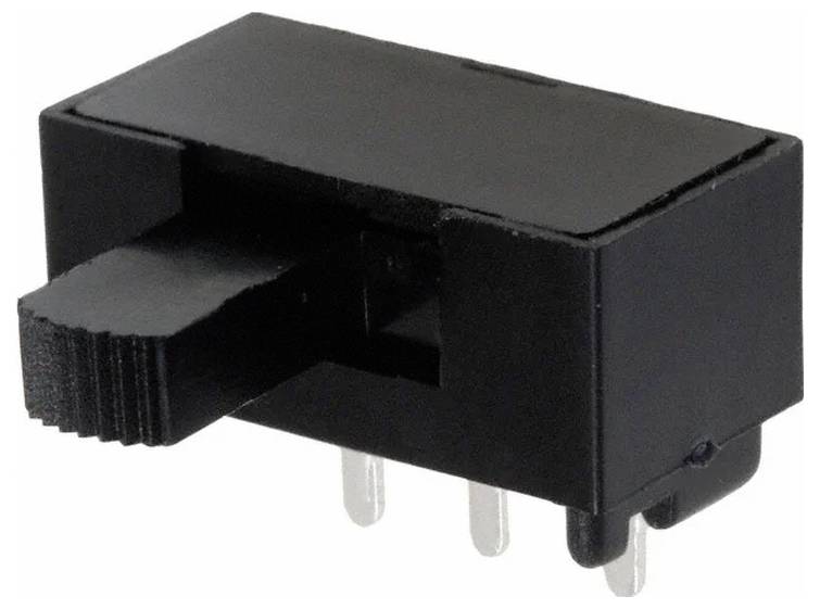 Un interruttore a cursore rettangolare nero con tre perni metallici che sporgono dal fondo, utilizzato per il controllo manuale dei circuiti elettrici.