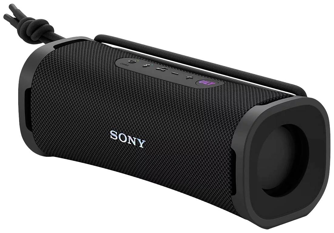 Un altoparlante Bluetooth portatile di forma rettangolare con involucro nero. Sulla parte superiore sono presenti tasti di controllo e un display.
