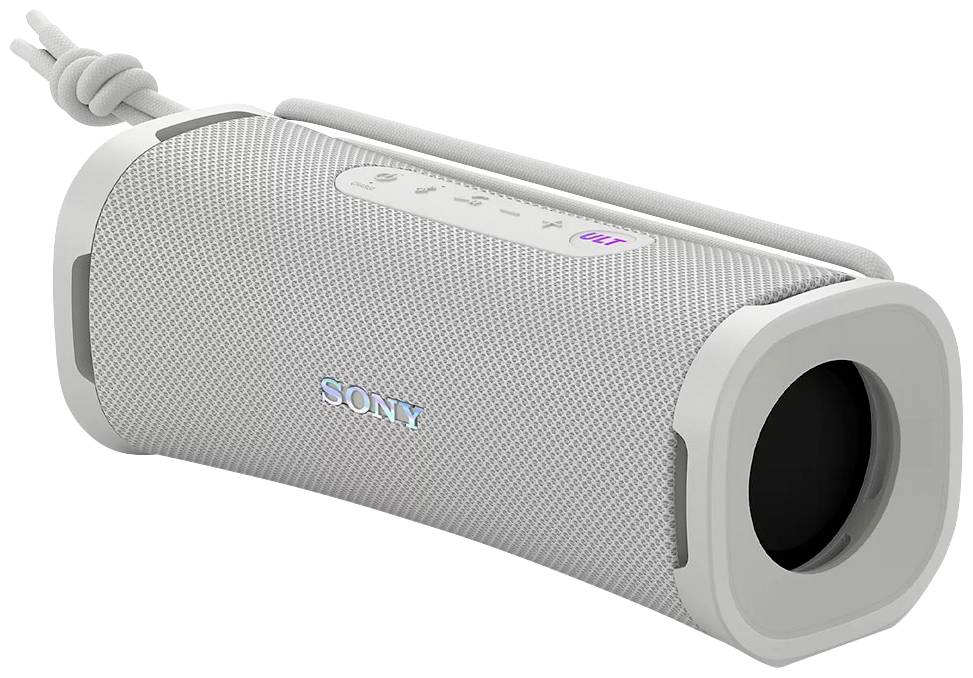 Altoparlante portatile wireless bianco con logo 'Sony' e comandi sulla parte superiore, con passante per cavo sul lato.