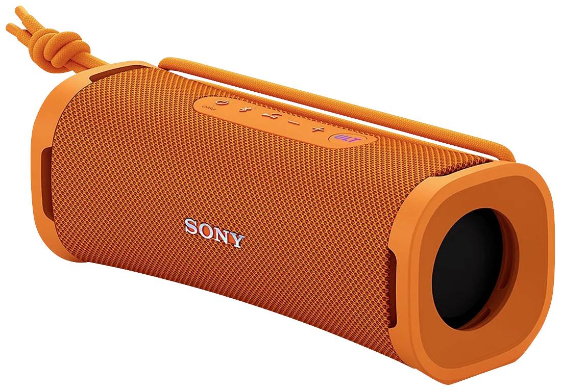 Un altoparlante Bluetooth portatile di colore arancione con il logo Sony, angoli arrotondati e tasti di controllo sulla parte superiore.