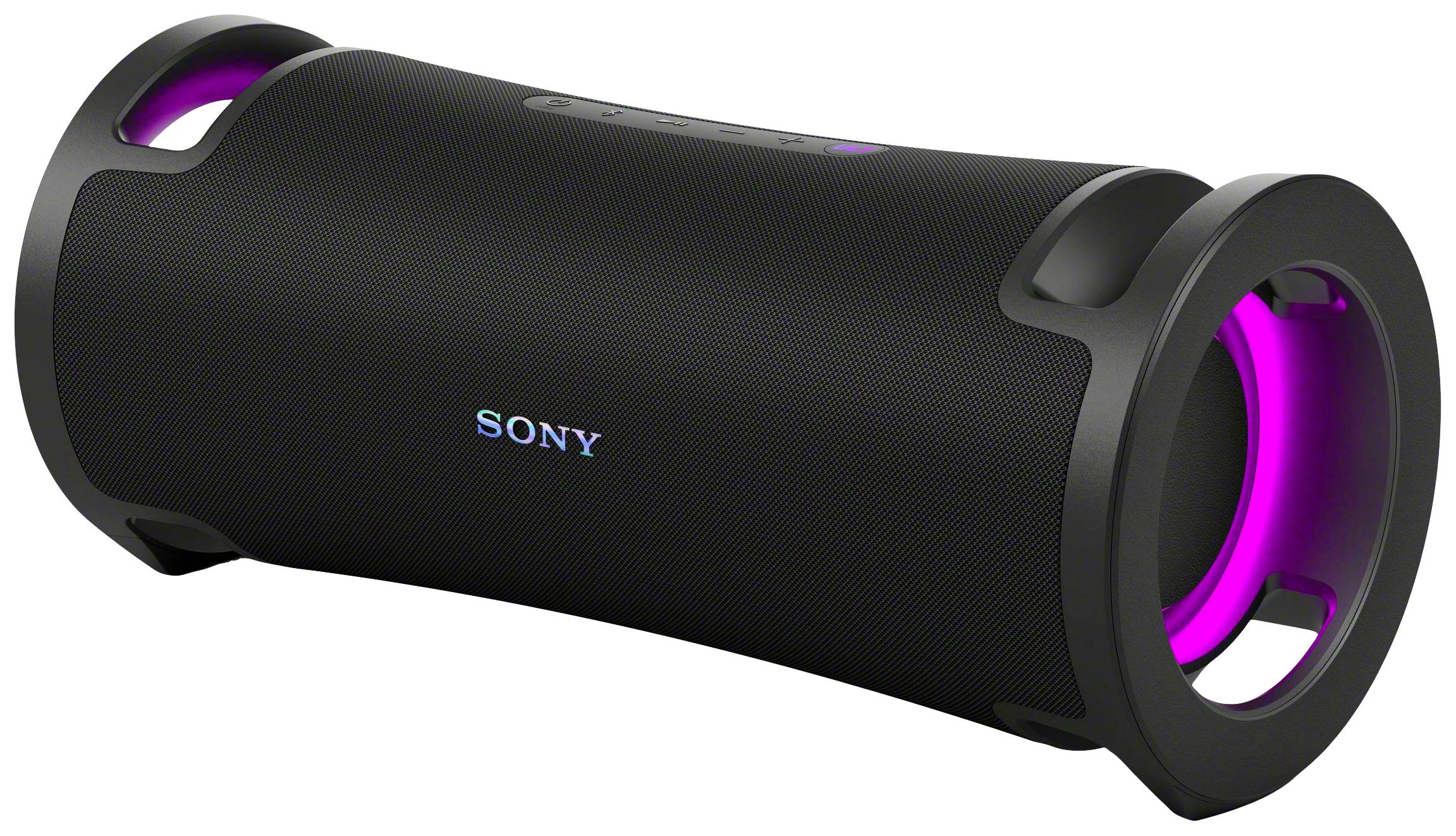 Altoparlante portatile nero di Sony con LED viola illuminati alle estremità.