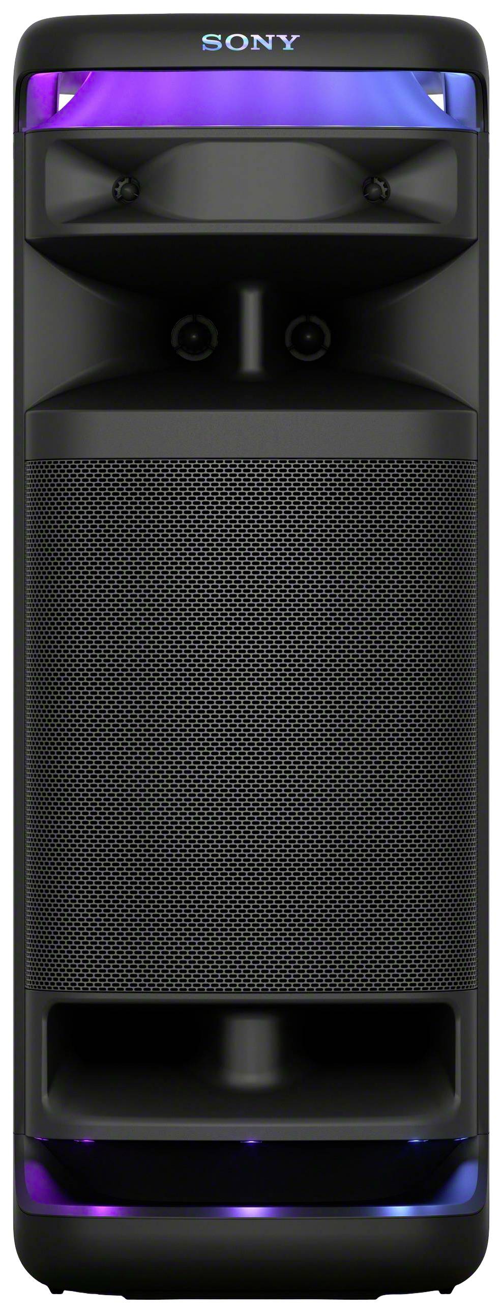 Altoparlante nero Sony con luci LED luminose sui bordi per effetti audiovisivi. Ideale per feste o eventi.