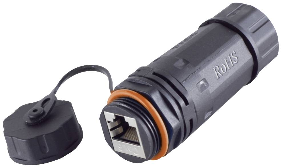 Connettore Ethernet impermeabile con guarnizione arancione, coperchio rimosso, che mostra la porta RJ45.